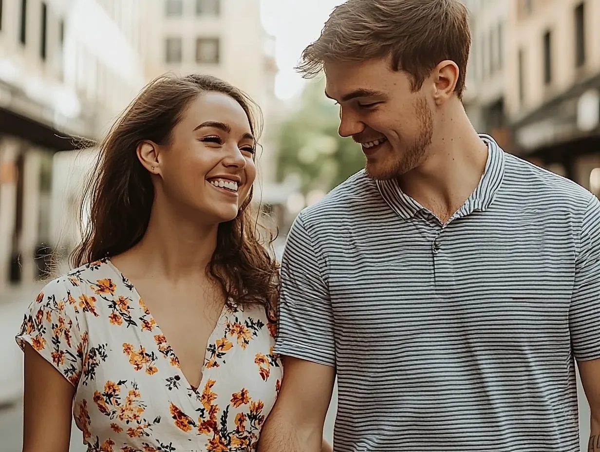 Couple leans in for a kiss on a city street, smiling.